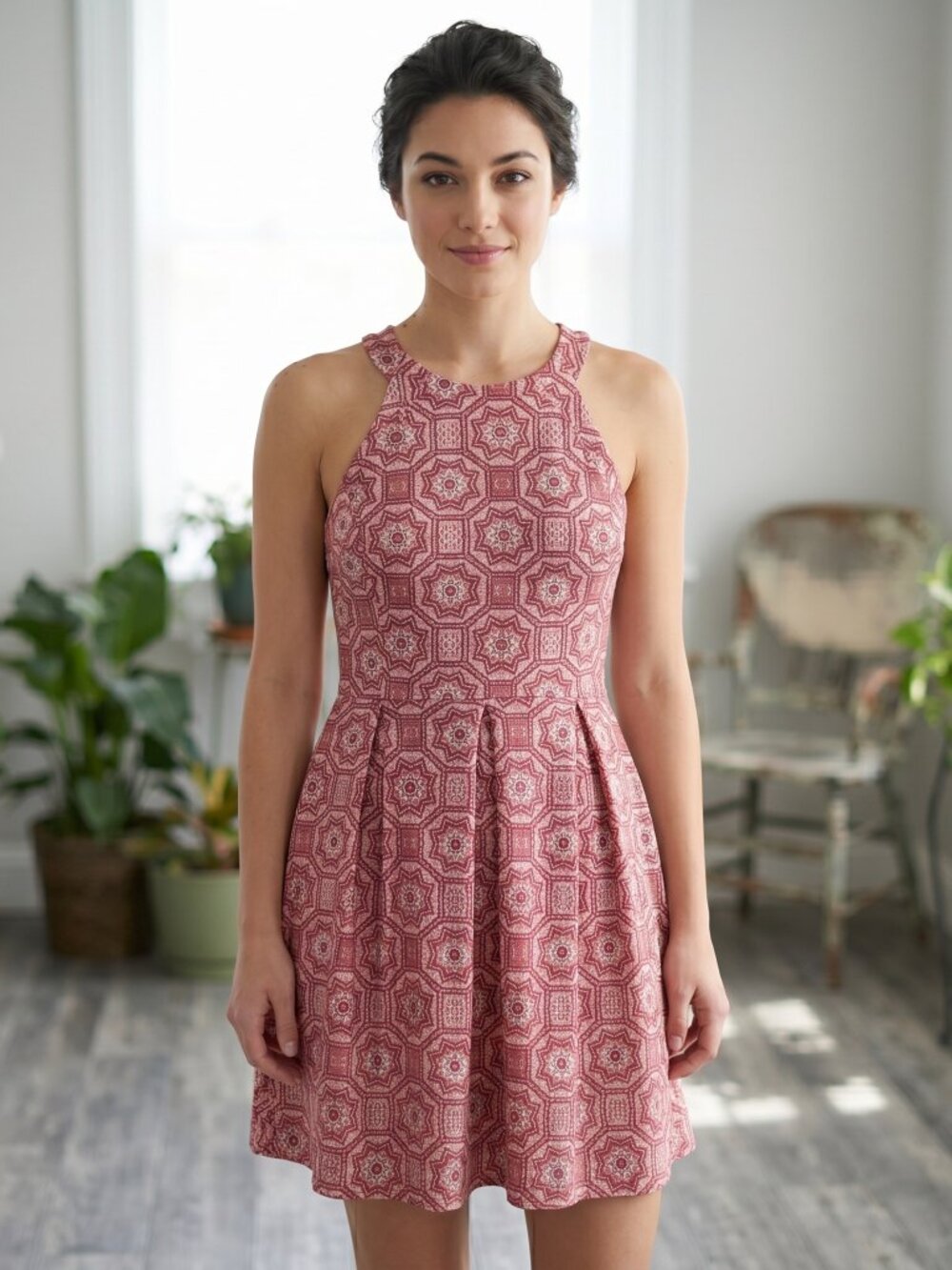 Xhilaration Women's Boho Style Fit & Flare Dress Deep Red Geometric Size Large